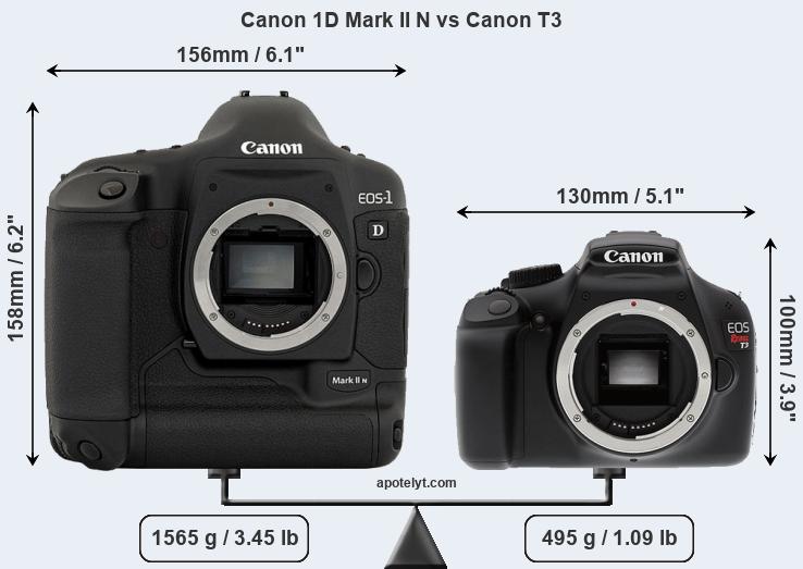 Size Canon 1D Mark II N vs Canon T3
