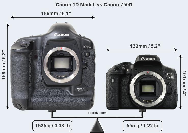 Size Canon 1D Mark II vs Canon 750D
