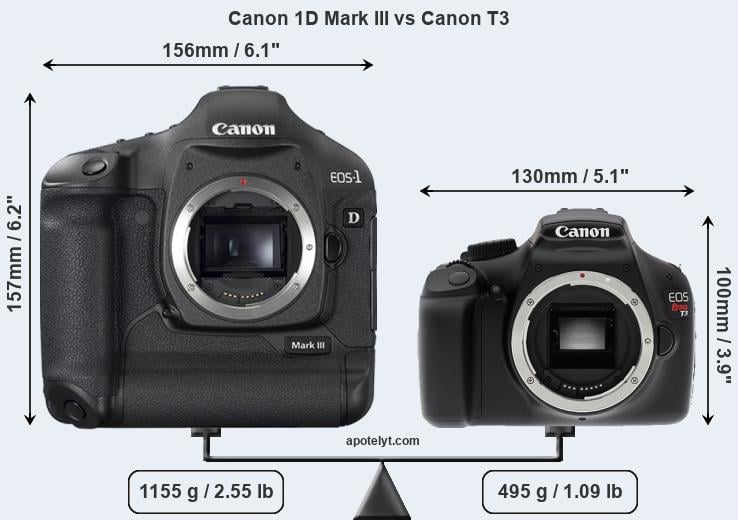 Size Canon 1D Mark III vs Canon T3