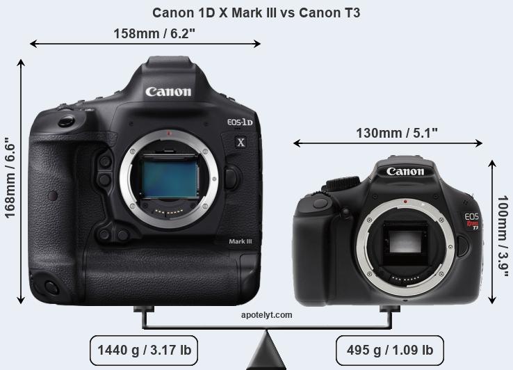 Size Canon 1D X Mark III vs Canon T3