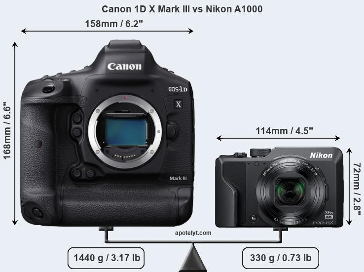 Size Canon 1D X Mark III vs Nikon A1000