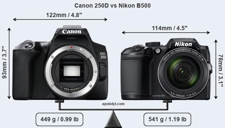 Size Canon 250D vs Nikon B500