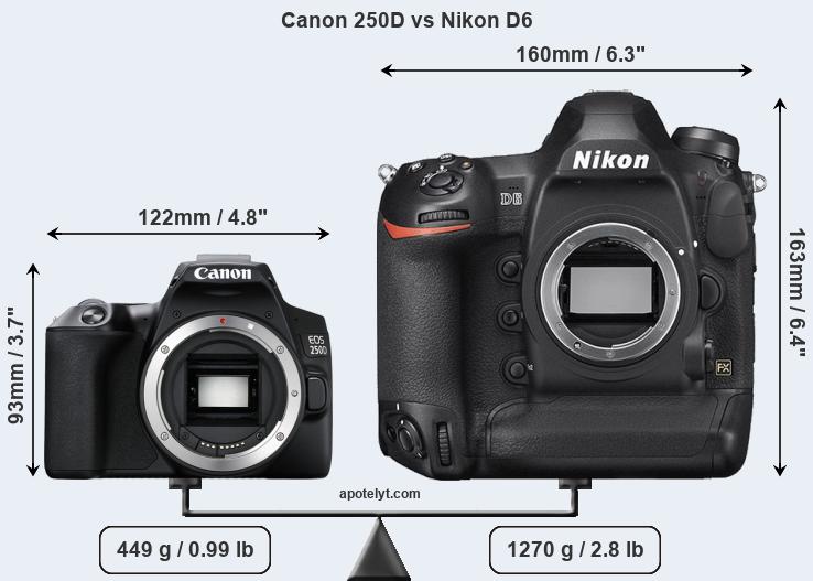 Size Canon 250D vs Nikon D6