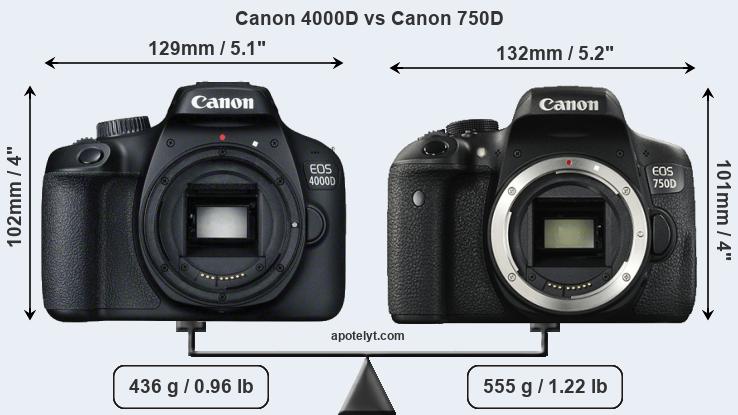 Size Canon 4000D vs Canon 750D