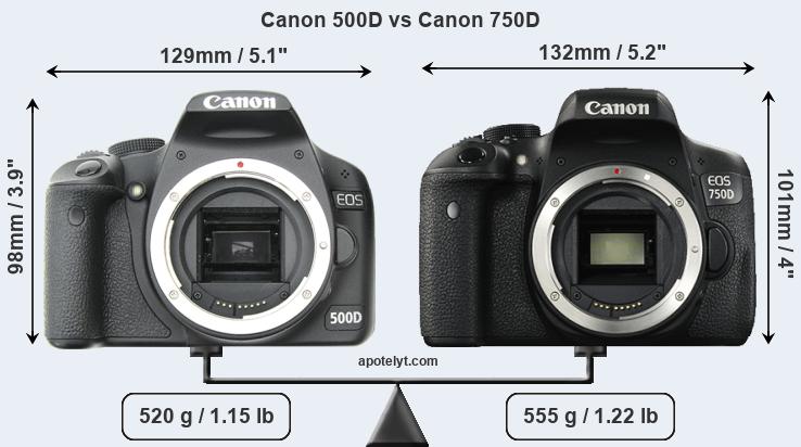 Size Canon 500D vs Canon 750D