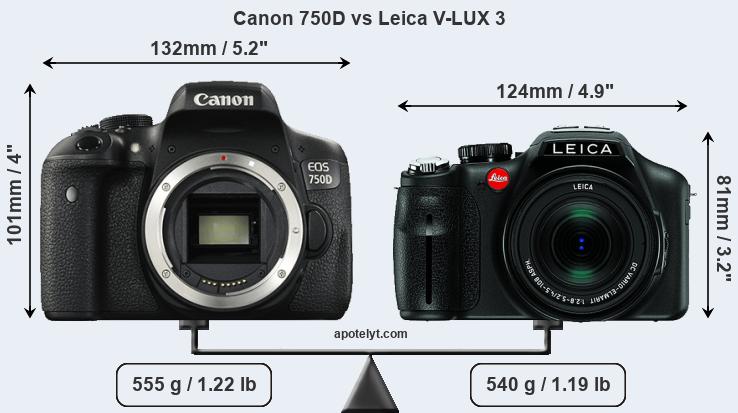 Size Canon 750D vs Leica V-LUX 3