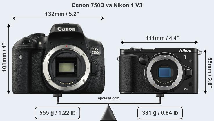 Size Canon 750D vs Nikon 1 V3