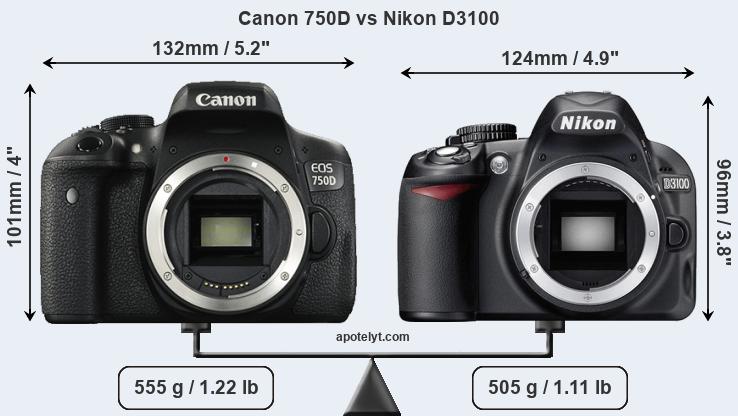 Size Canon 750D vs Nikon D3100