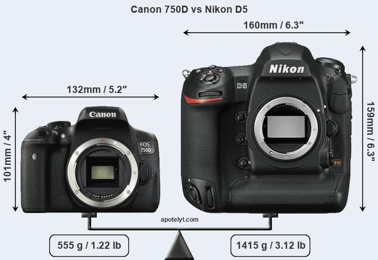 Size Canon 750D vs Nikon D5