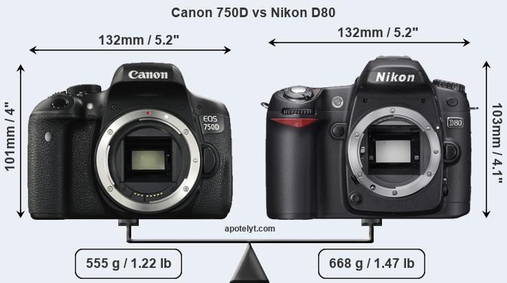 Size Canon 750D vs Nikon D80