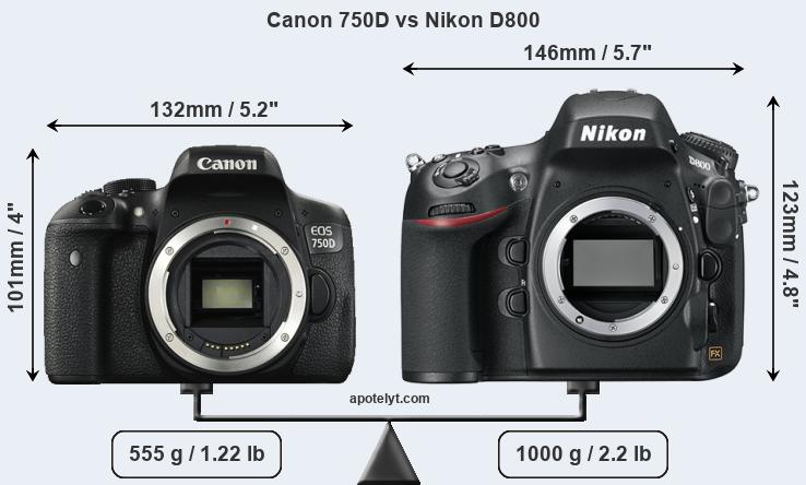 Size Canon 750D vs Nikon D800