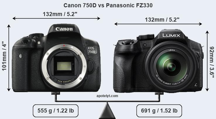 Size Canon 750D vs Panasonic FZ330