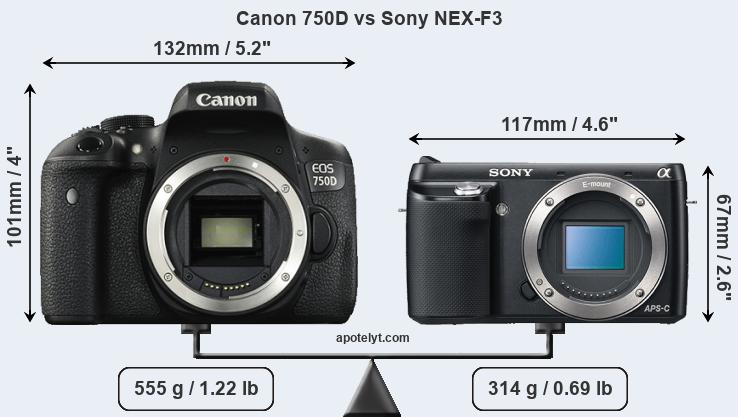 Size Canon 750D vs Sony NEX-F3