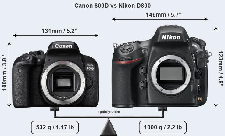 Size Canon 800D vs Nikon D800