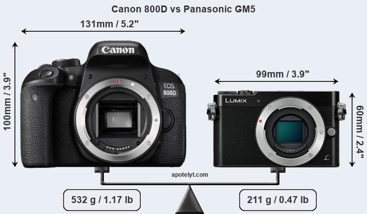 Size Canon 800D vs Panasonic GM5