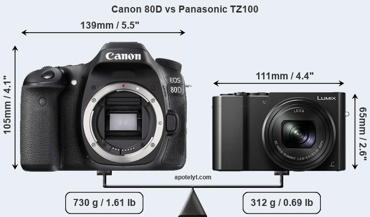 Size Canon 80D vs Panasonic TZ100