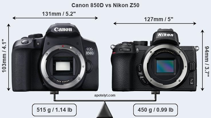Size Canon 850D vs Nikon Z50
