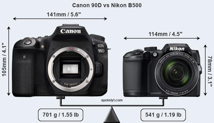 Size Canon 90D vs Nikon B500