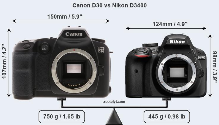 Size Canon D30 vs Nikon D3400