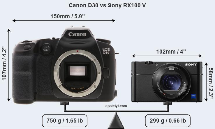 Size Canon D30 vs Sony RX100 V