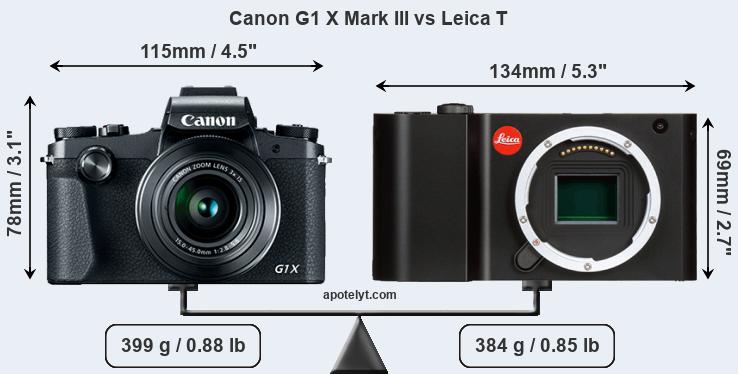 Size Canon G1 X Mark III vs Leica T