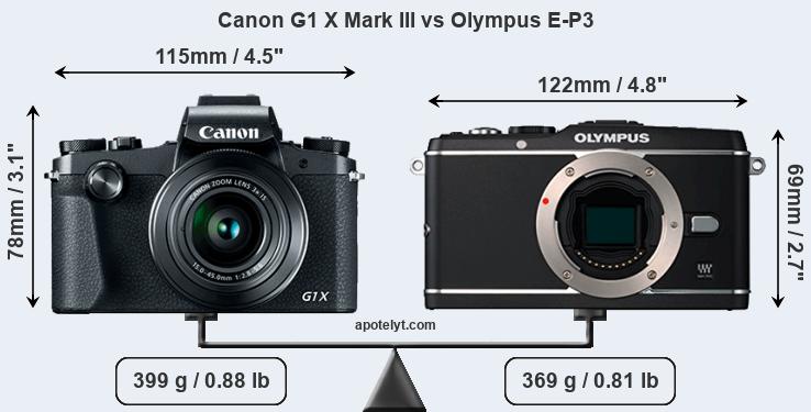 Size Canon G1 X Mark III vs Olympus E-P3
