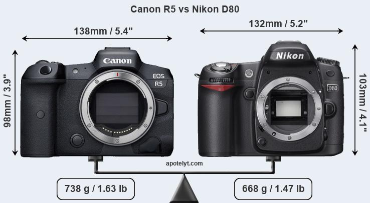 Size Canon R5 vs Nikon D80