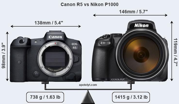 Size Canon R5 vs Nikon P1000