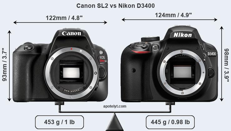 Size Canon SL2 vs Nikon D3400