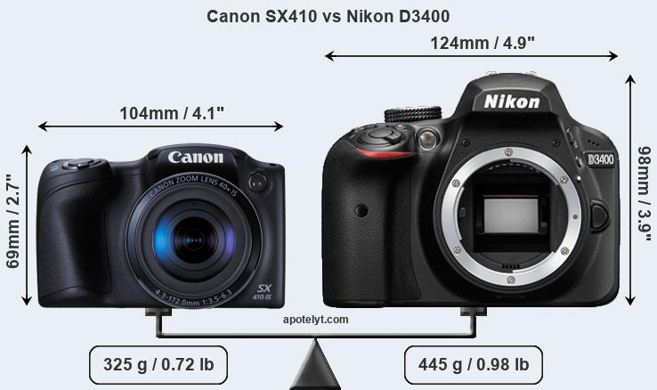 Size Canon SX410 vs Nikon D3400