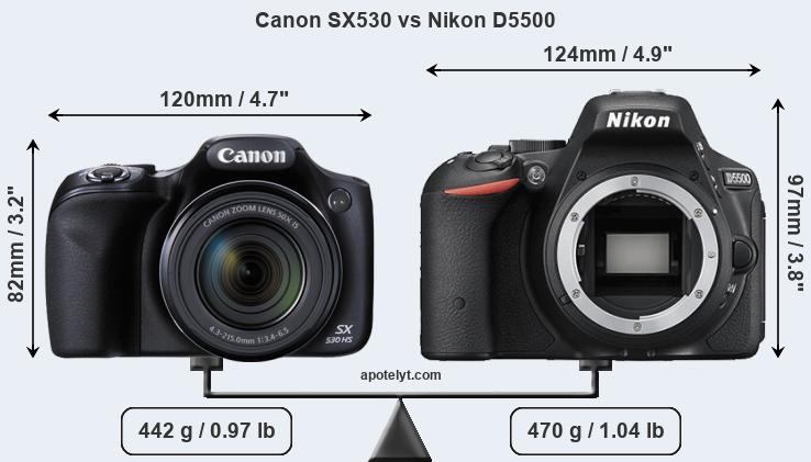 Size Canon SX530 vs Nikon D5500