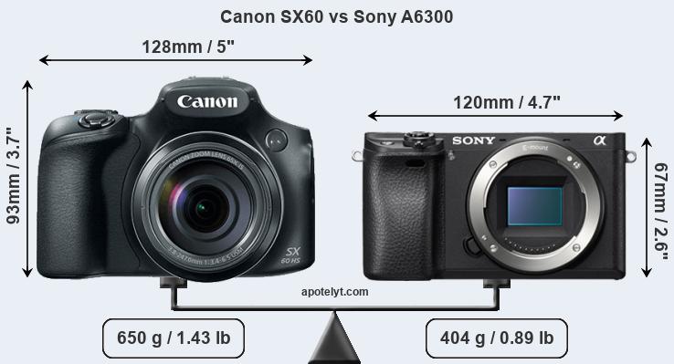 Size Canon SX60 vs Sony A6300