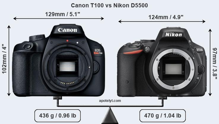 Size Canon T100 vs Nikon D5500