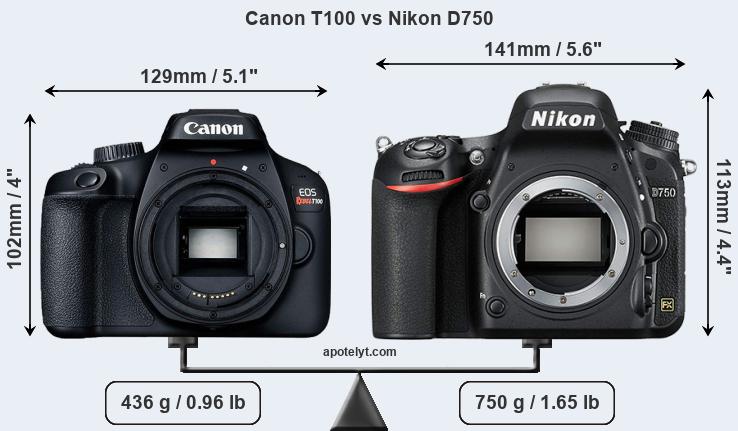 Size Canon T100 vs Nikon D750