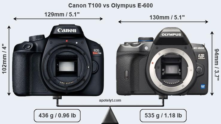 Size Canon T100 vs Olympus E-600