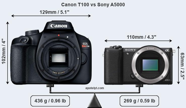 Size Canon T100 vs Sony A5000