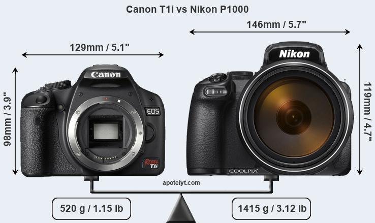 Size Canon T1i vs Nikon P1000
