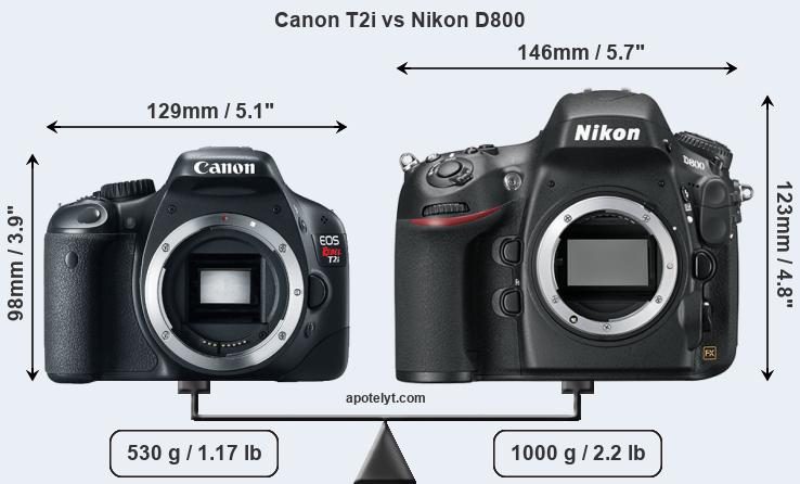 Size Canon T2i vs Nikon D800