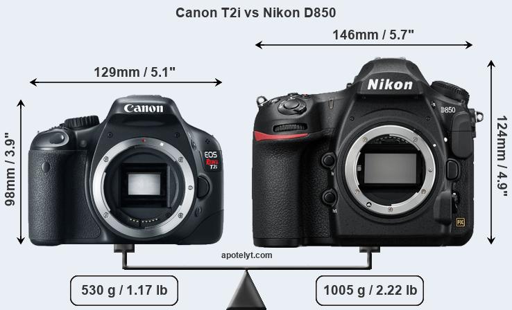 Size Canon T2i vs Nikon D850