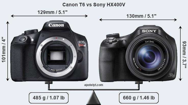Size Canon T6 vs Sony HX400V