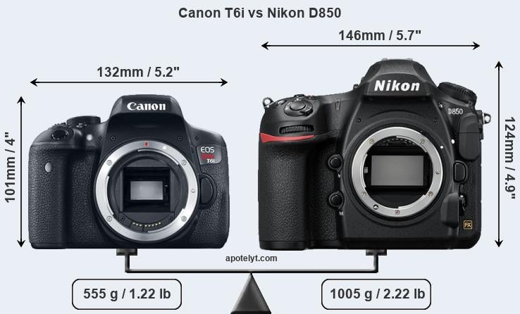 Size Canon T6i vs Nikon D850