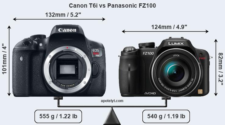 Size Canon T6i vs Panasonic FZ100