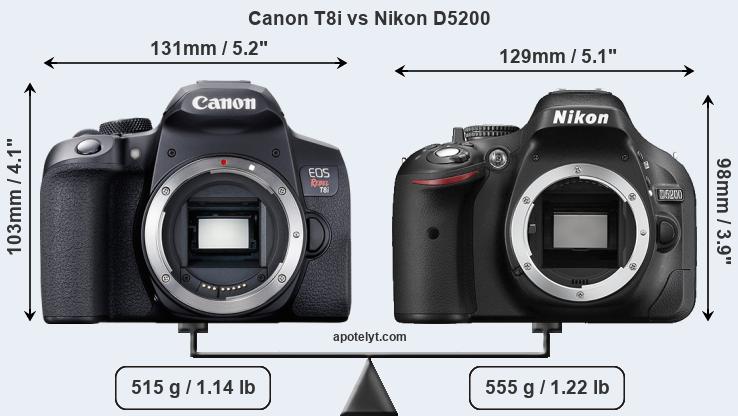 Size Canon T8i vs Nikon D5200