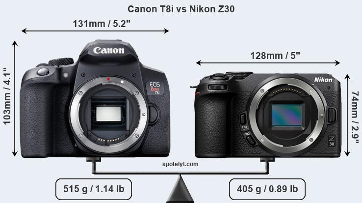 Size Canon T8i vs Nikon Z30