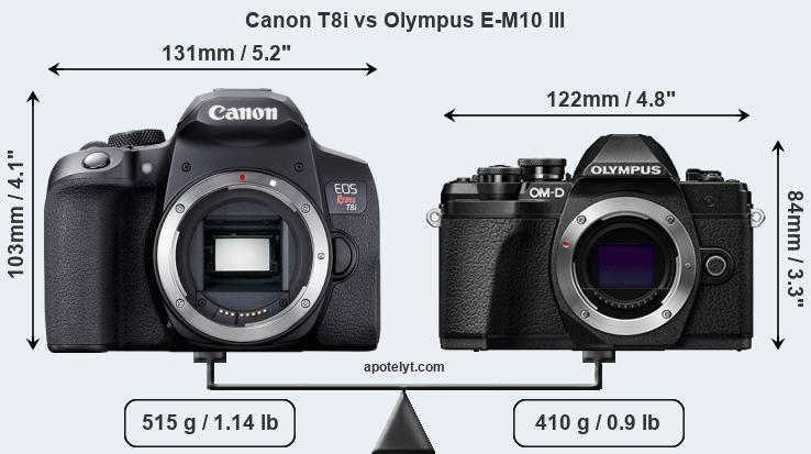 Size Canon T8i vs Olympus E-M10 III
