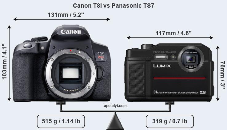 Size Canon T8i vs Panasonic TS7
