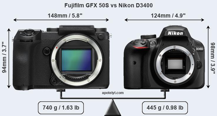 Size Fujifilm GFX 50S vs Nikon D3400