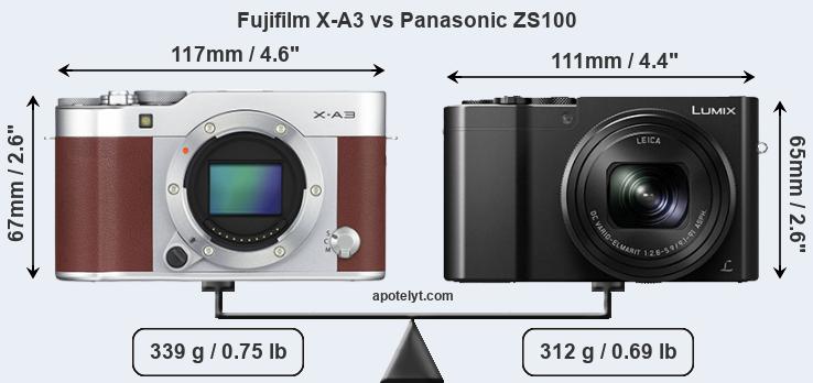 Size Fujifilm X-A3 vs Panasonic ZS100