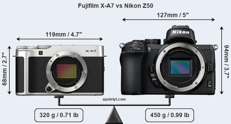 Size Fujifilm X-A7 vs Nikon Z50