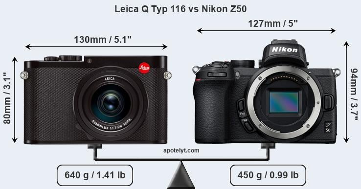 Size Leica Q Typ 116 vs Nikon Z50